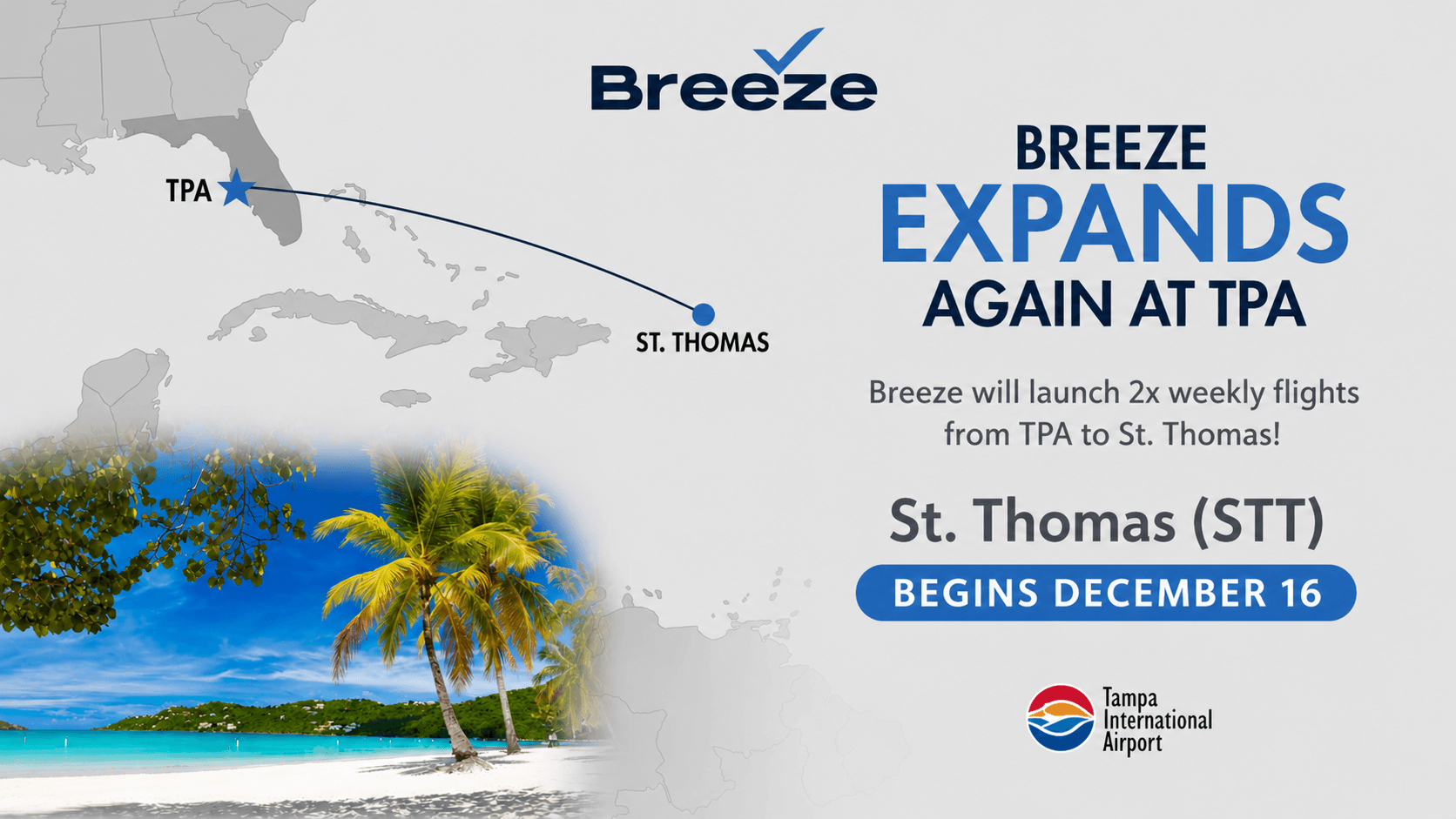 Breeze Airways expands at Tampa International Airport — new nonstop flights to St. Thomas and Cancun