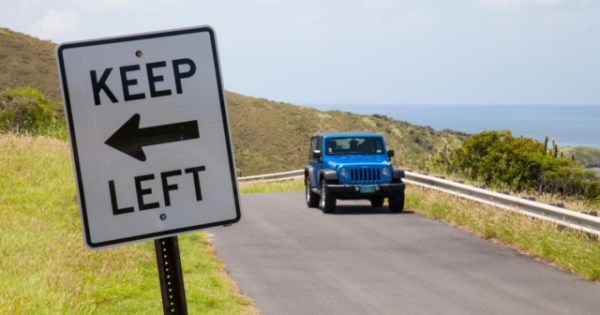 Driving on the left on a steep, narrow St. Thomas road