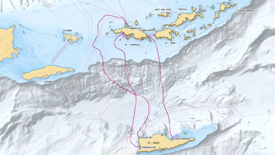 The drained seabed between St. Thomas and St. Croix, with the charted internet cables crossing the basin