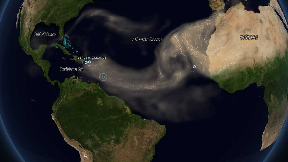 Saharan dust streaming west from Africa across the Atlantic to the Caribbean and the Virgin Islands in the summer of 2026, from NASA's GEOS-FP model