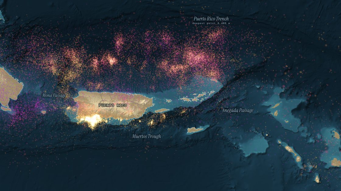 Every earthquake the USGS has recorded under Puerto Rico and the Virgin Islands since 1906, glowing over the seabed between the Puerto Rico Trench and the Muertos Trough