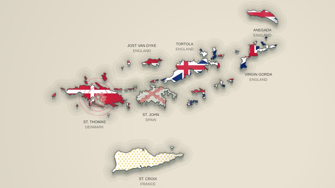 The Virgin Islands in 1672, each island drawn in the flag of the power that held it: Denmark on St. Thomas, Spain on St. John, France on St. Croix, England on the BVI
