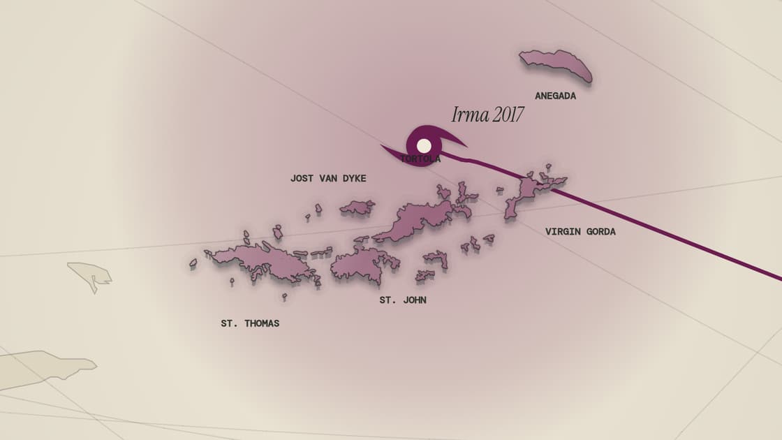 Hurricane Irma's track and wind field crossing the British Virgin Islands in September 2017