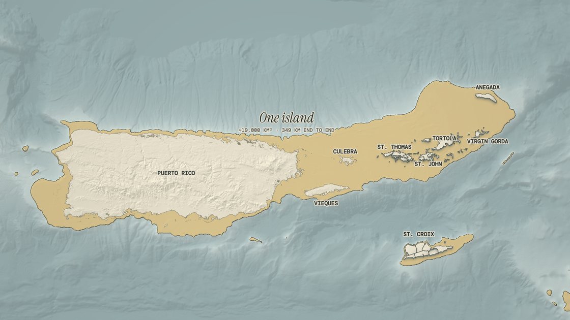 Puerto Rico and the Virgin Islands as one island 20,000 years ago, the sea 120 m lower, with St. Croix alone to the south