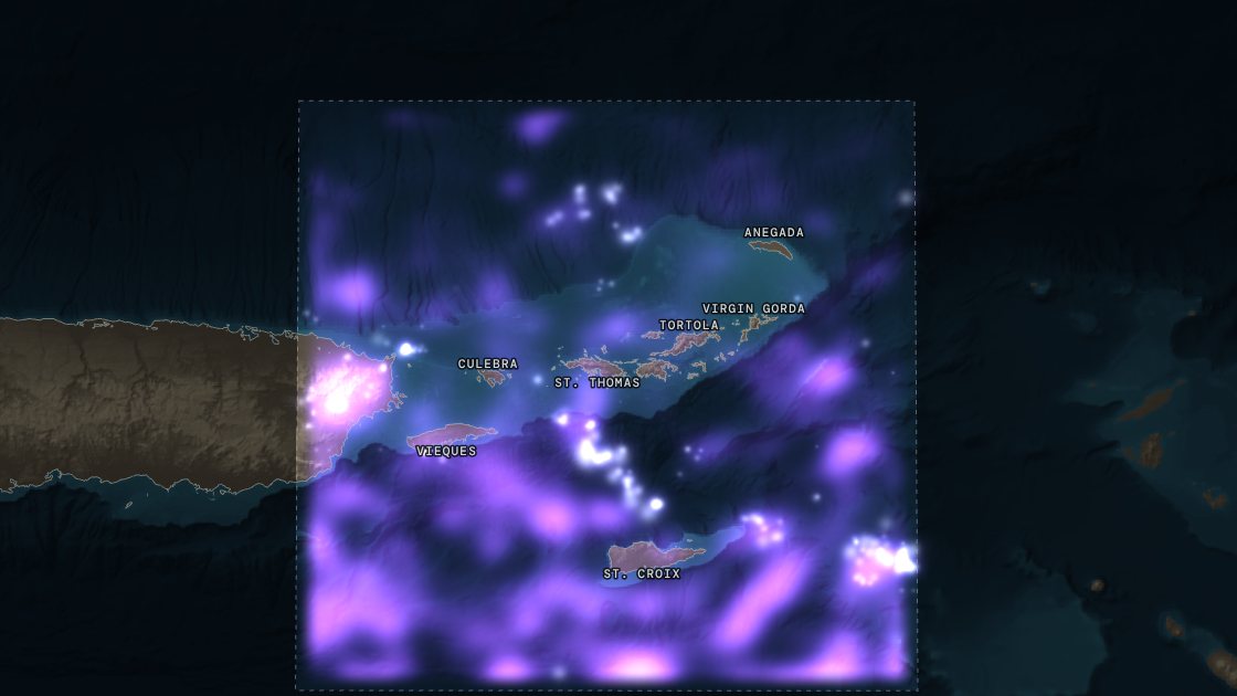 A year of lightning over the Virgin Islands from NOAA's GOES-19 satellite: violet where flashes were most frequent, thickest over the sea round St. Croix and over eastern Puerto Rico