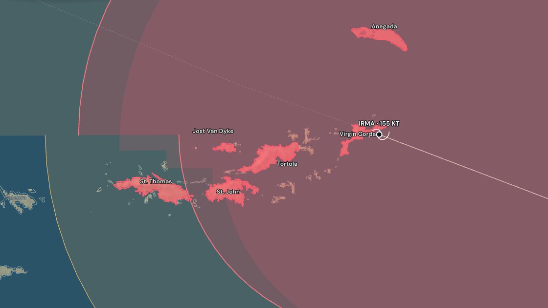 Hurricane Irma's hurricane-force wind field over the British Virgin Islands on September 6, 2017, the islands lit red where the 64-knot radius reached them, over the seabed relief