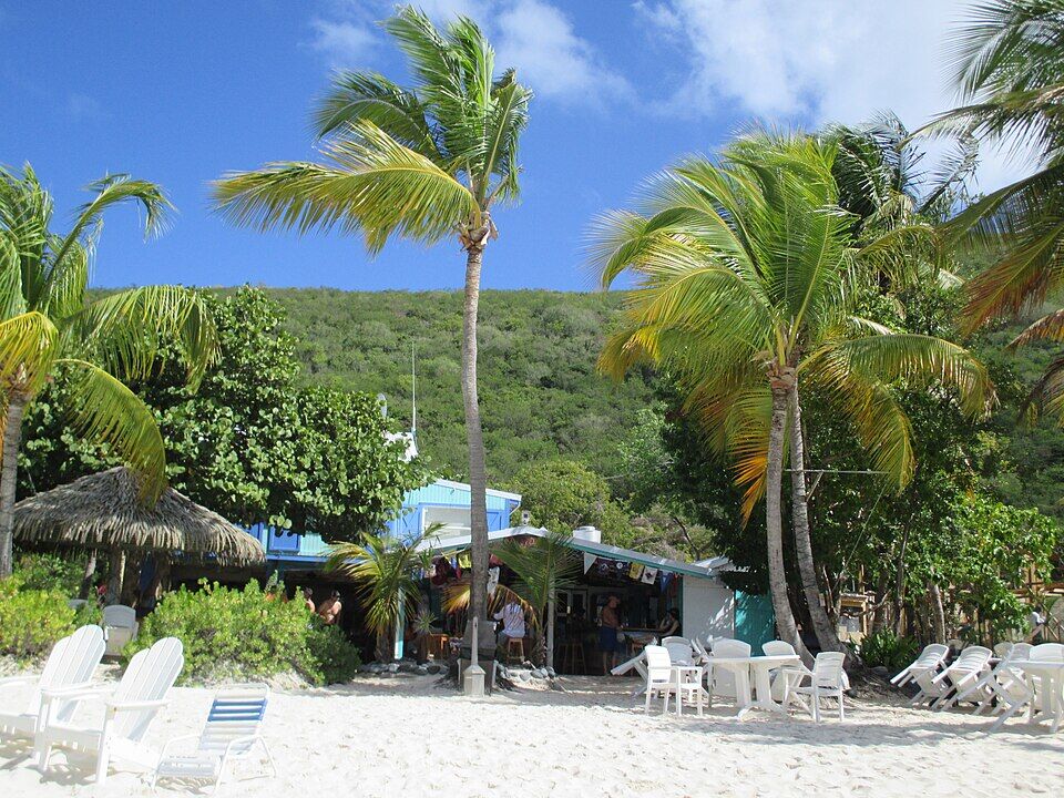 The Soggy Dollar Bar behind the sand under the palms, with white beach chairs in front (February 2015)