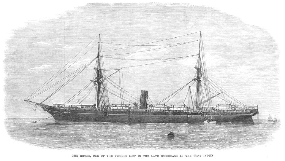 The RMS Rhone under steam and sail: a wood engraving from The Illustrated London News of 23 November 1867, published after her loss in the hurricane