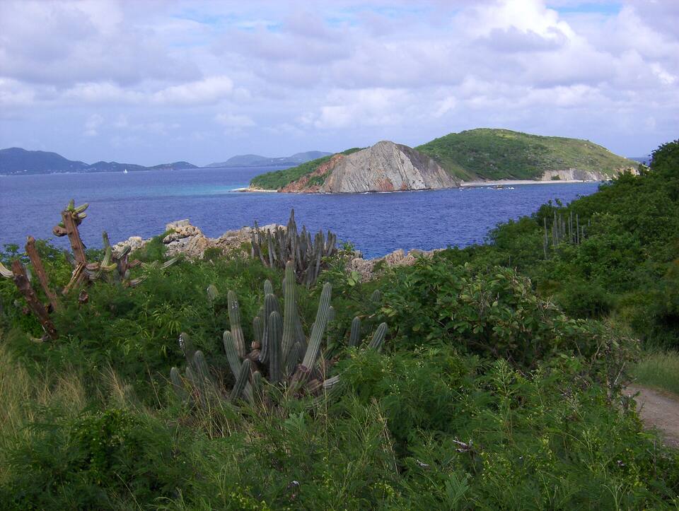 Dead Chest Island seen from Peter Island over cactus and scrub, its pale cliff face to the sea and other islands on the horizon