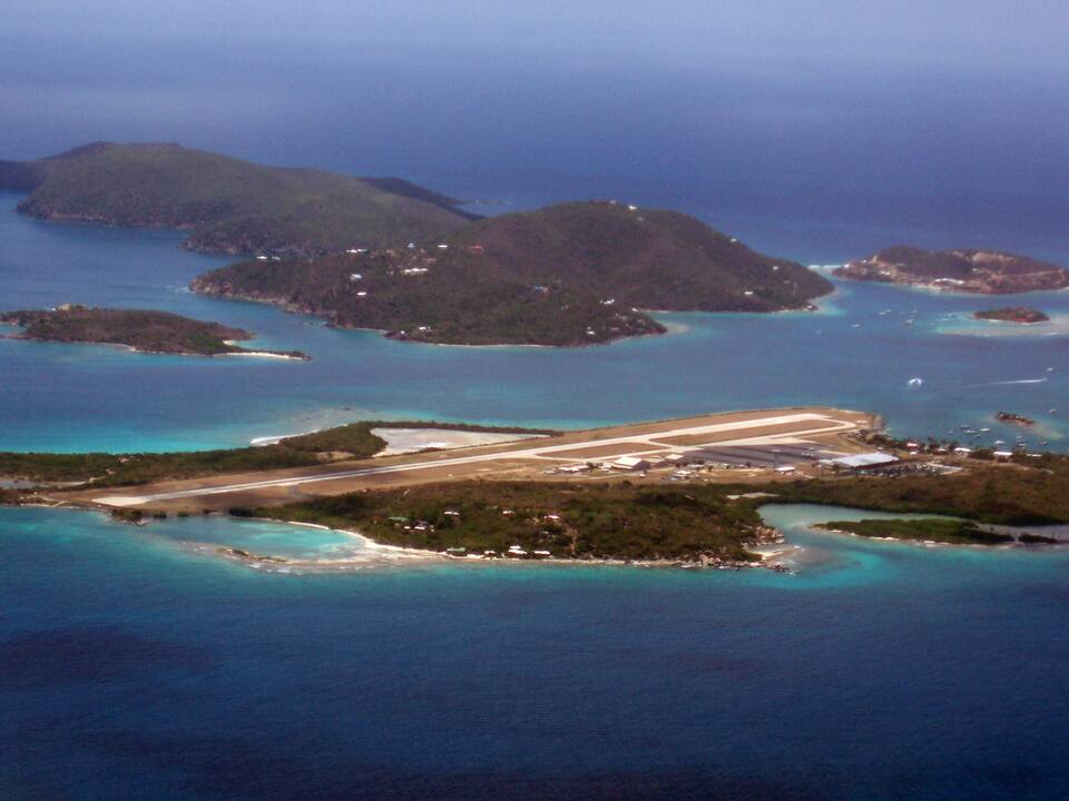 Beef Island and the airport runway from the south, with Trellis Bay on the right, Great Camanoe behind and Scrub Island on the far right