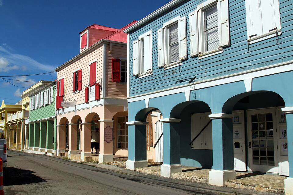 Arcaded Danish-era shopfronts on a Christiansted street
