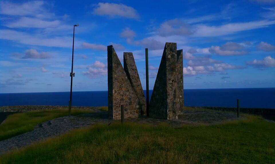 The stone millennium monument at Point Udall, St. Croix's eastern tip, above the open sea