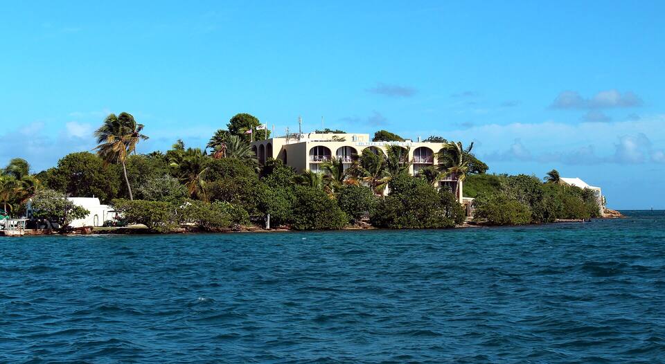 Protestant Cay in Christiansted harbour, with the hotel among the palms