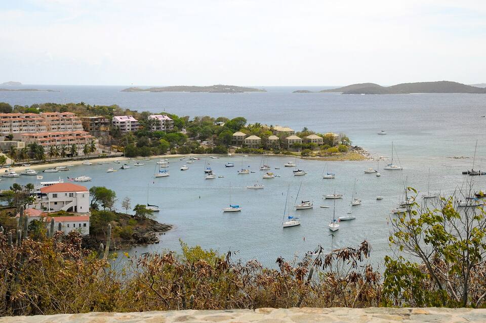 Cruz Bay harbor from the hill above town, boats on their moorings
