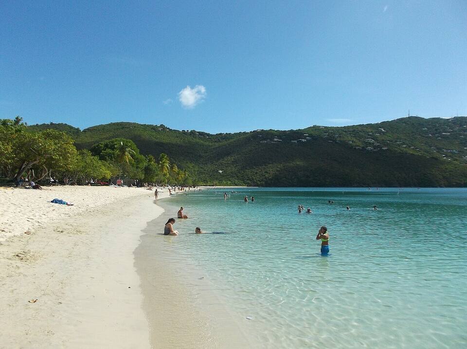 The sand and shallow, calm water at Magens Bay