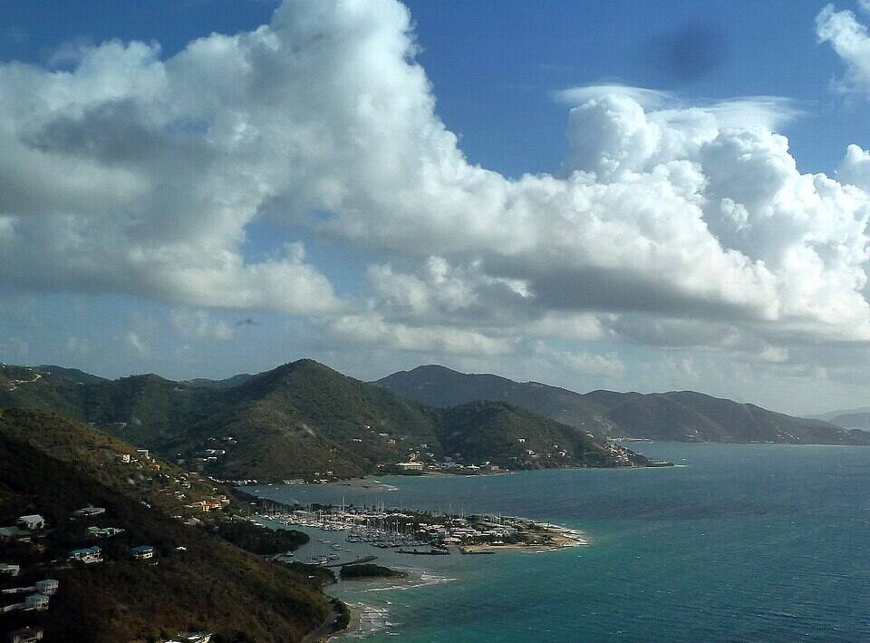 Nanny Cay's marina, one of Tortola's charter bases, on the south coast below the hills