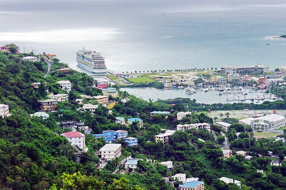 Road Town from above: the Wickhams Cay marinas, the waterfront and a cruise ship at the pier