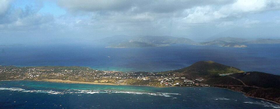 Spanish Town and The Valley from the air, with Tortola and the islands of the Sir Francis Drake Channel beyond