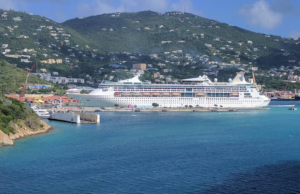 Crown Bay on St. Thomas from the water, a cruise ship at the pier — the Water Island ferry leaves from Crown Bay Marina here